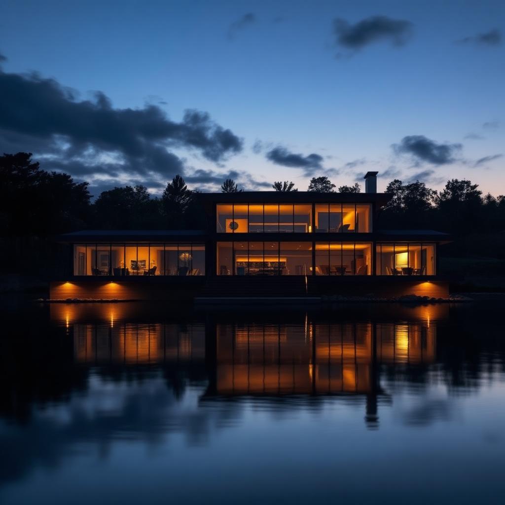 Luxury waterfront estate glowing at twilight