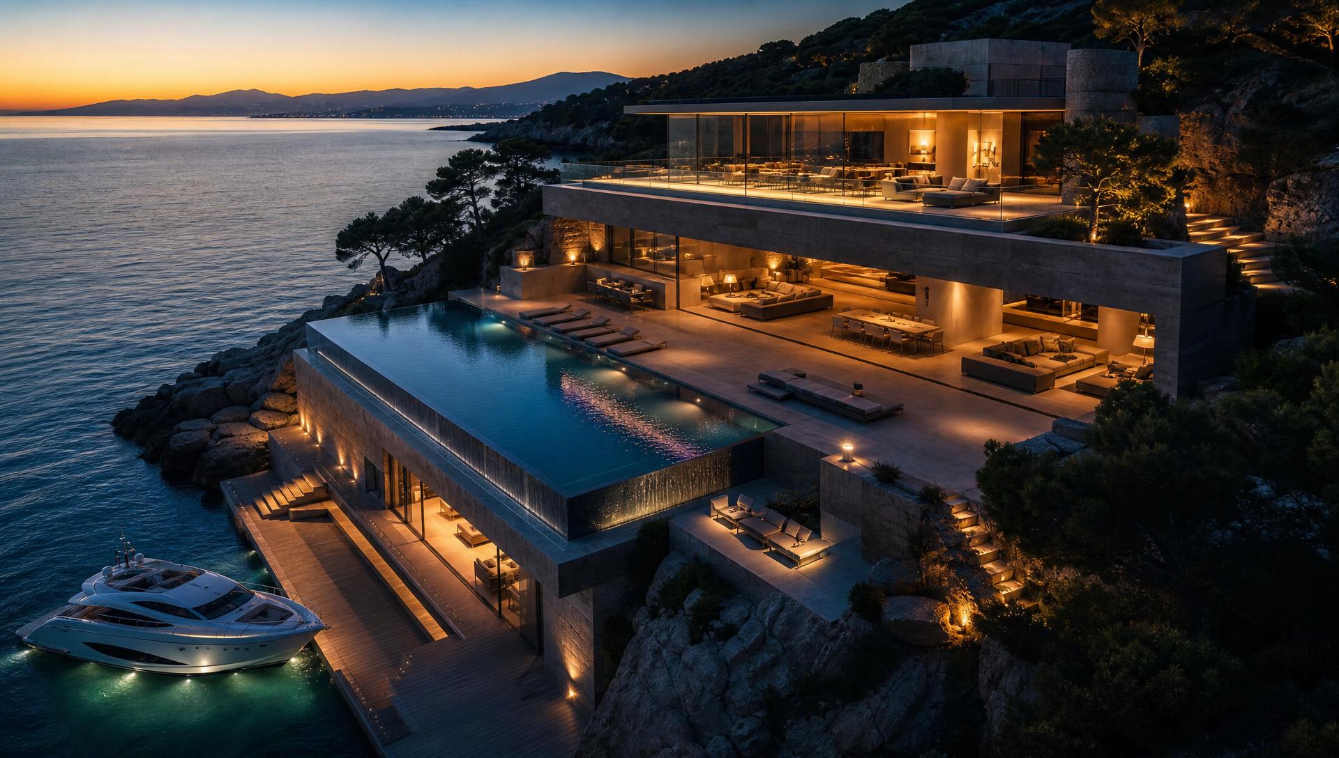 Ultra-luxury waterfront estate at twilight with infinity pool and private yacht dock